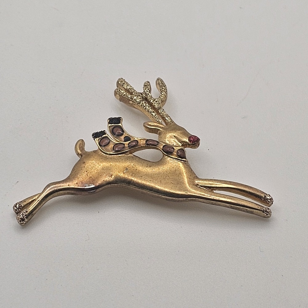 Rudolph the Red Nose Reindeer Pin Gold Tone Vintage Brooch Perfect Christmas Pin